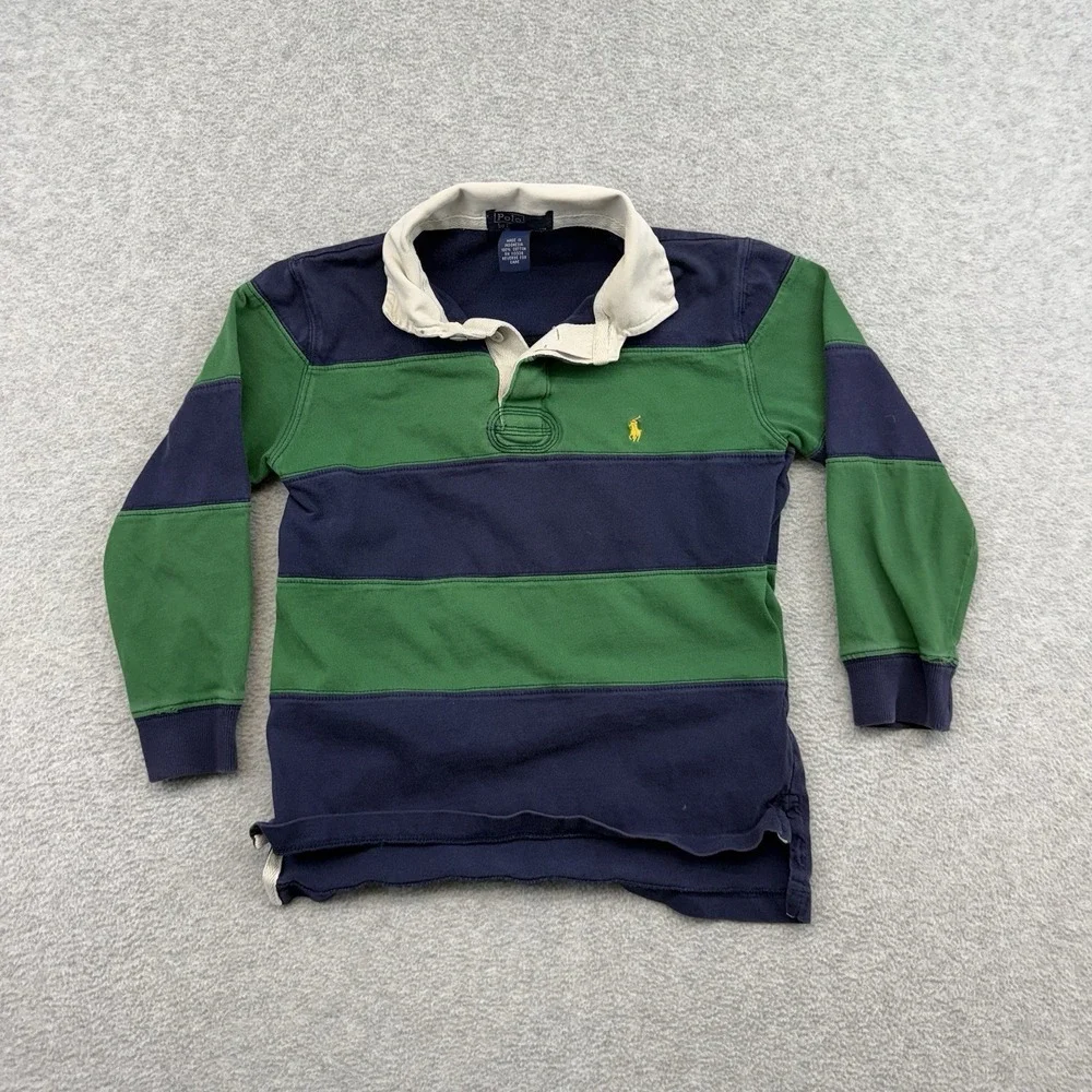 Polo Ralph Lauren Rugby Collared Shirt Youth Boys Size 7 Striped Blue Green Kids